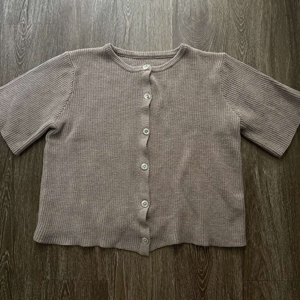 Sleeve Button-Front Knit Top-Brown